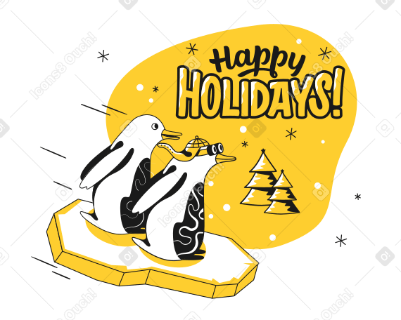 С праздником текст и два пингвина, едущие на льдине в PNG, SVG