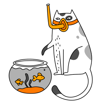 Cat in diving mask next to fish bowl PNG, SVG