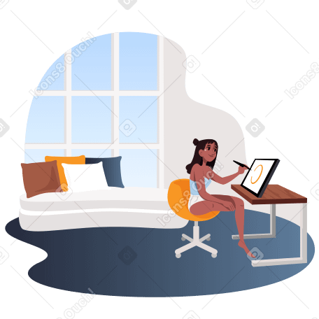Designer illustrator girl working from home in a cozy environment Illustration in PNG, SVG