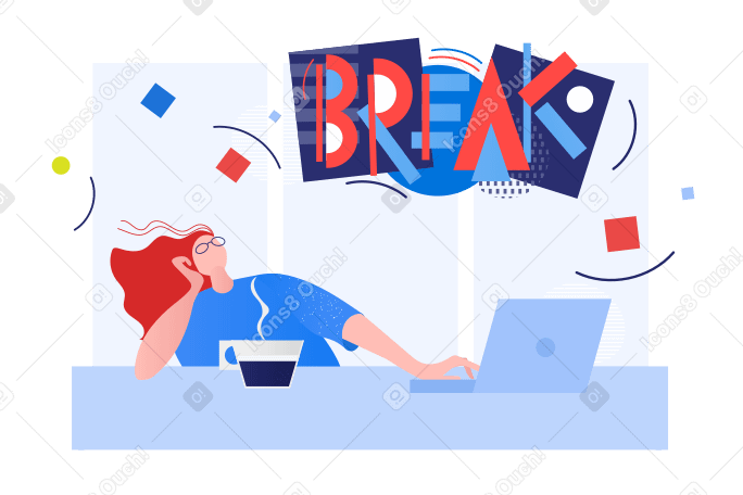 Break-schriftzug und frau am laptop mit kaffee PNG, SVG