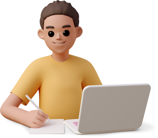 young woman sitting in front of laptop and taking notes Illustration in PNG, SVG