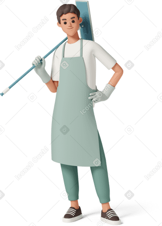 3D young man with floor cleaning Illustration in PNG, SVG
