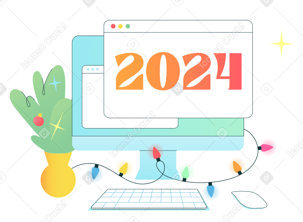 numbers 2024 in the browser window with Christmas tree branches and garland lights PNG, SVG