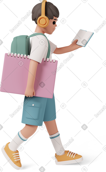 School boy reading book with headphones on PNG, SVG