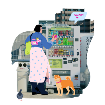 Mujer joven compra una bebida en una máquina expendedora PNG, SVG