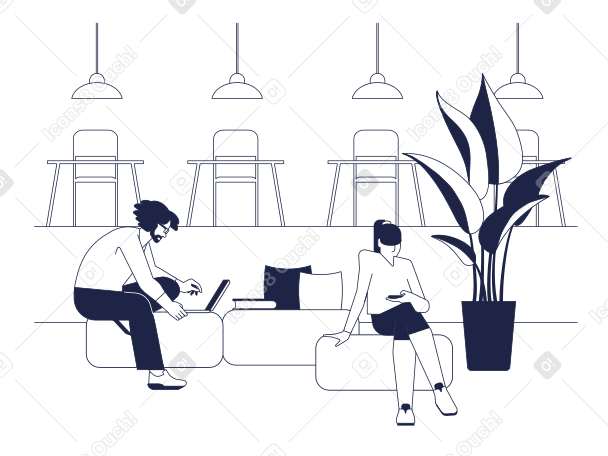 在共享办公空间和办公厂房的背景下，带着小玩意的男女正在工作 PNG, SVG