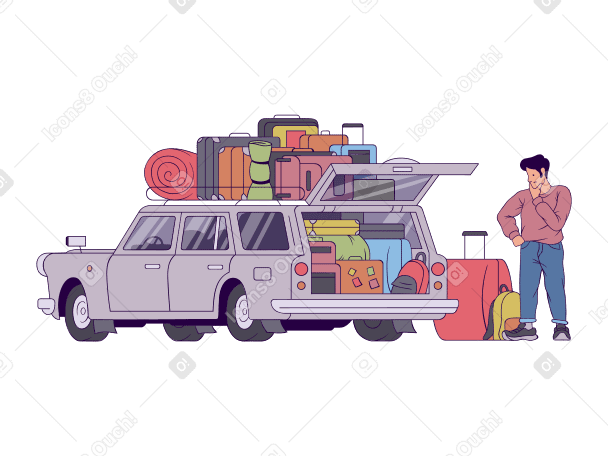 Man standing next to a car filled with luggage PNG, SVG