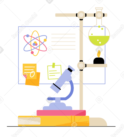 Microscope, books and chemistry flasks Illustration in PNG, SVG