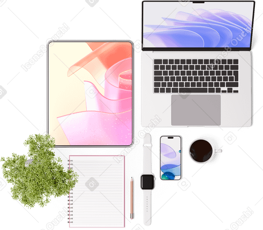 3D Вид сверху на ноутбук, планшет, ноутбук, смартфон, умные часы, чашку, карандаш и растение в PNG, SVG