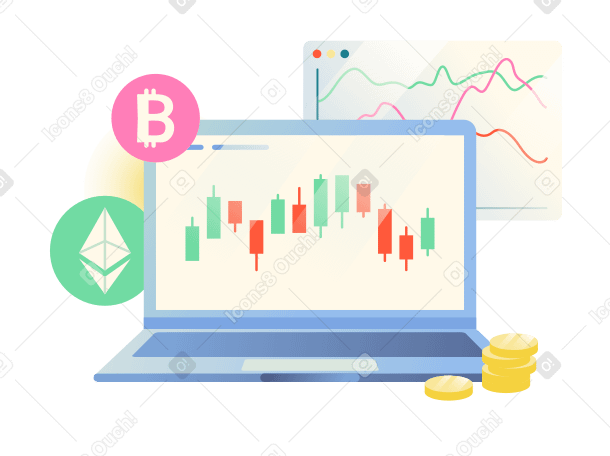 Cryptocurrency analytics on laptop screen Illustration in PNG, SVG