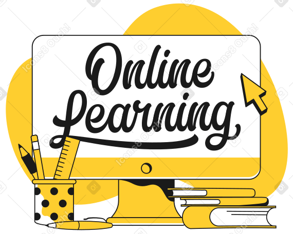 Lettering Online Learning in screen with books text PNG, SVG
