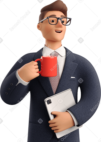 3D businessman in dark blue suit with coffee mug holding tablet Illustration in PNG, SVG