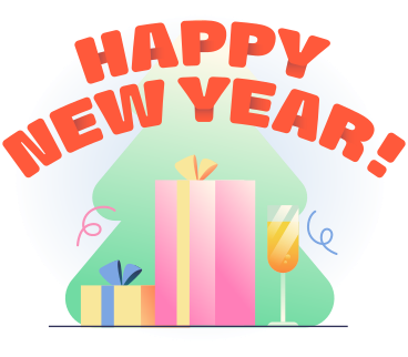 Lettering Happy New Year! with festive tree and gifts text PNG, SVG