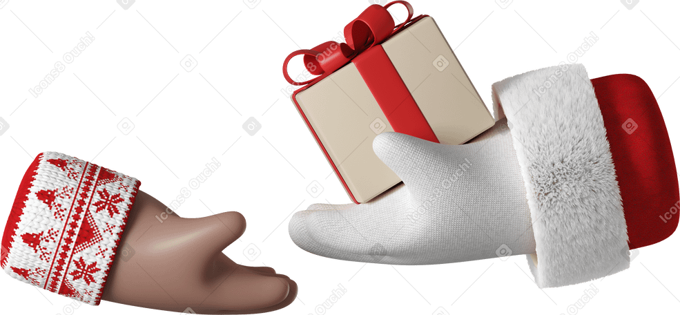 3D Santa Claus giving a gift box to brown skin hand PNG, SVG