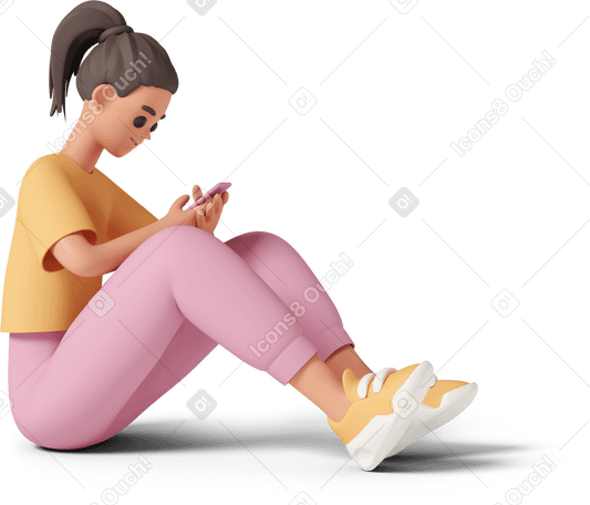 3D young woman sitting and tapping on smartphone PNG, SVG