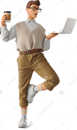 3D man standing with laptop and coffee в PNG, SVG