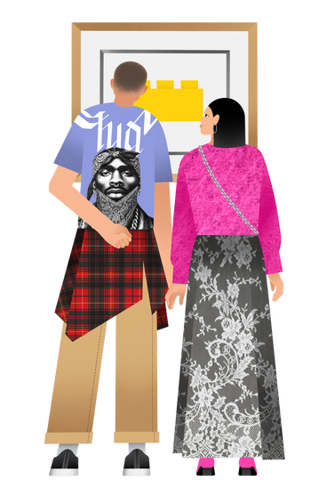 Young man and woman at modern art museum PNG, SVG