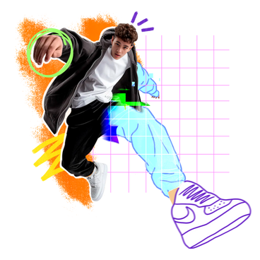 Коллаж молодого человека, прыгающего в виртуальную реальность в PNG, SVG