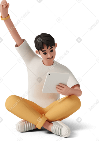 3D young man with tablet celebrating success PNG, SVG