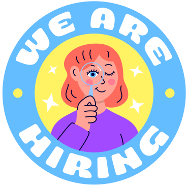 lettering we are hiring with woman looking through a magnifier text PNG, SVG