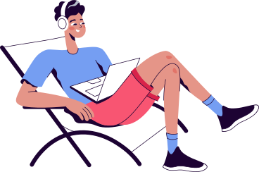 guy in headphones with a laptop on a sun lounger PNG, SVG