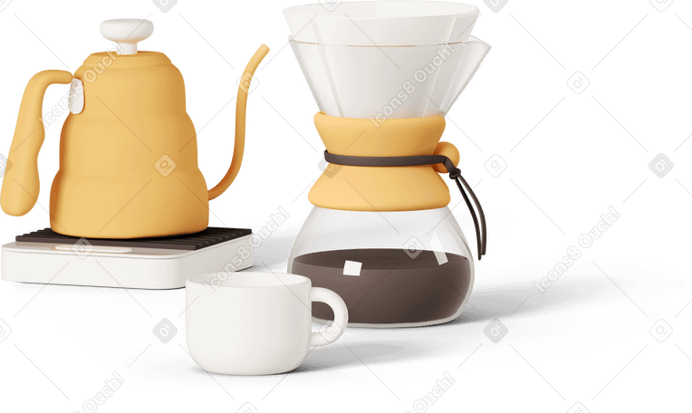 3D chemex coffee set with barista kettle PNG, SVG