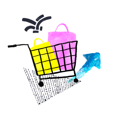 shopping cart with gift bags inside Illustration in PNG, SVG