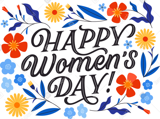 lettering happy women's day with bright flowers Illustration in PNG, SVG