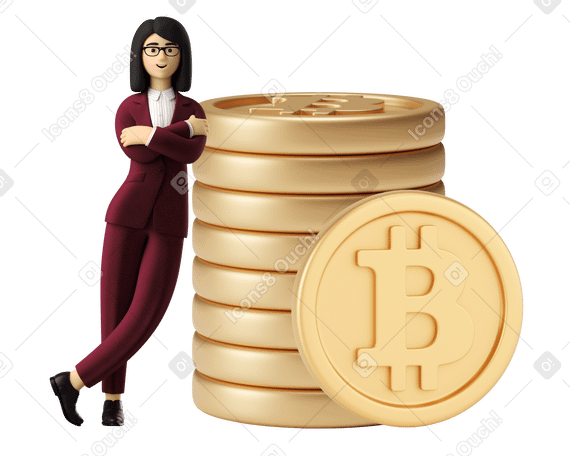 3D Conseiller bitcoin femme en costume rouge s'appuyant sur un tas de pièces PNG, SVG