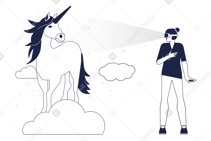 Woman in vr headset looking at unicorn PNG, SVG