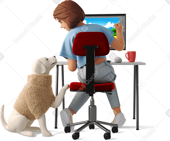 3D woman working with dog PNG, SVG