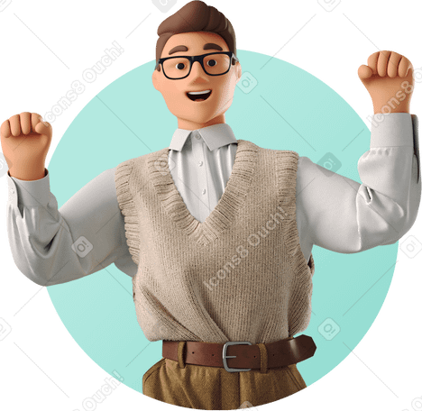 3D joyful man with raised fists в PNG, SVG