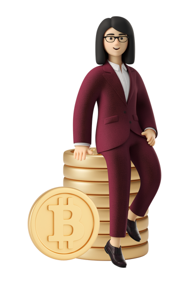 Donna consulente bitcoin in abito rosso seduta su un mucchio di bitcoin PNG, SVG
