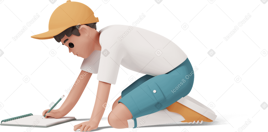 3D boy sitting on knees and drawing or writing PNG, SVG