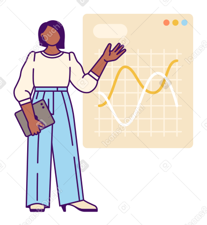 곡선 그래프로 프레젠테이션을 하는 여성 PNG, SVG