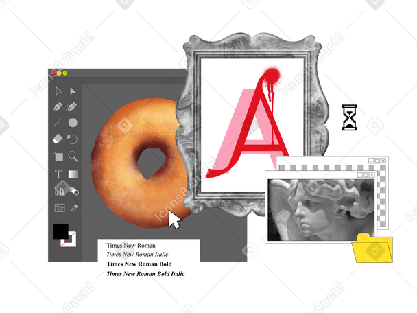 Crear un diseño con fotografías, ilustraciones y letras. PNG, SVG