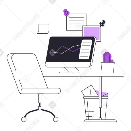 Office workplace with computer and paper bin Illustration in PNG, SVG