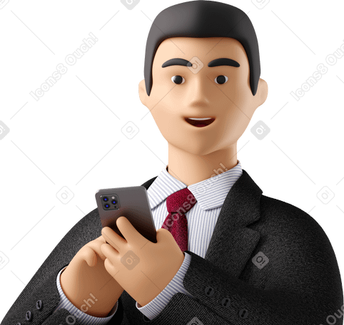 3D close up of businessman in black suit with phone looking straight PNG, SVG