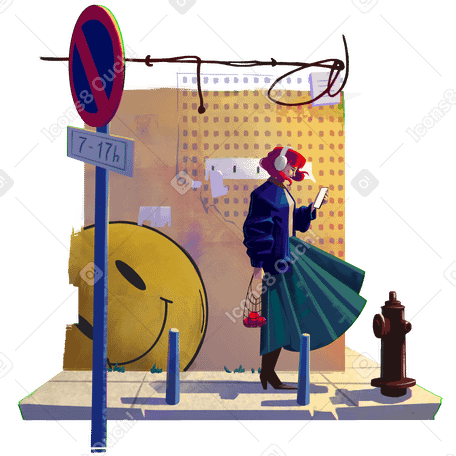 young woman walking down the street and texting PNG, SVG