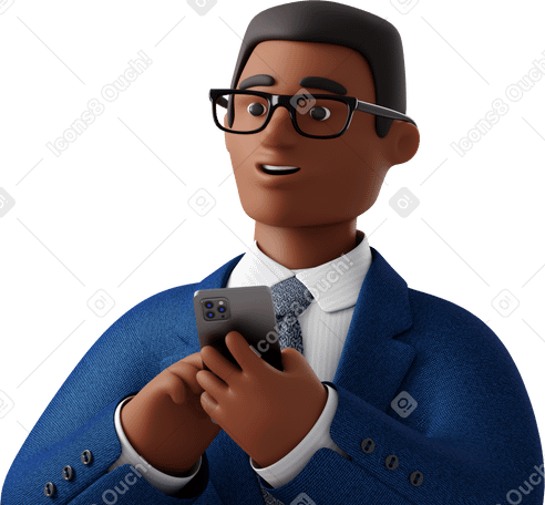3D close up of black businessman in blue suit with phone looking aside Illustration in PNG, SVG