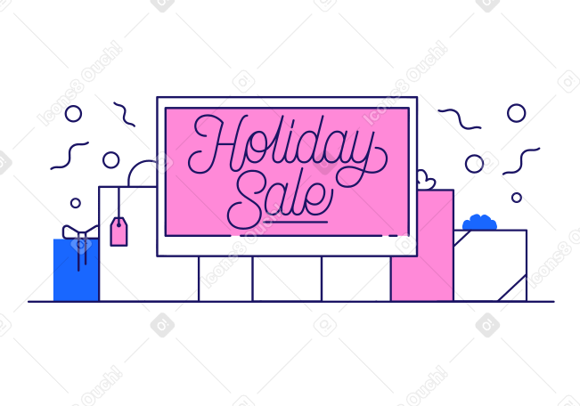 Lettering Holiday Sale in monitor with gift boxes Illustration in PNG, SVG