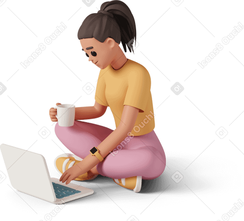 3D Girl with laptop and coffee sitting on floor Illustration in PNG, SVG