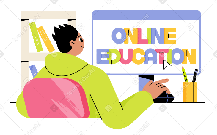 Lettering Online Education with a guy who learns at the computer Illustration in PNG, SVG