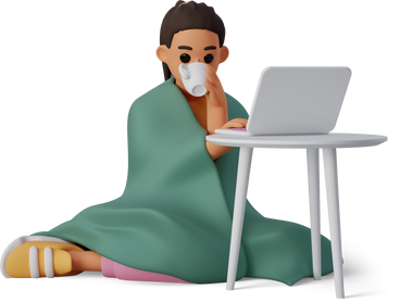 Young woman with a blanket working on a laptop PNG, SVG