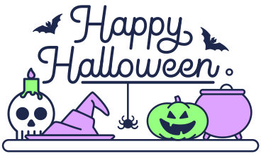 Lettering Happy Halloween with pumpkin, bats and hat text PNG, SVG