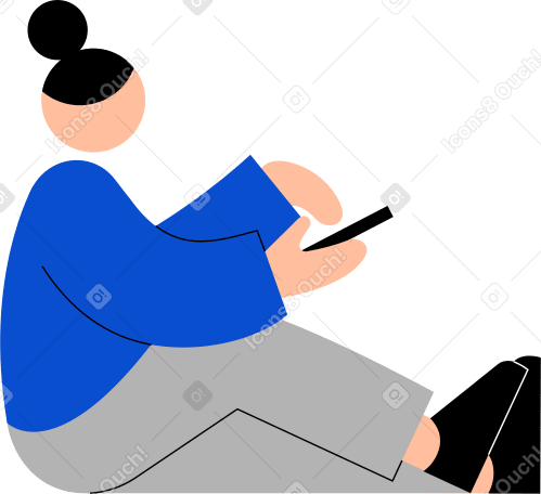 young woman sitting with a phone in her hands PNG, SVG
