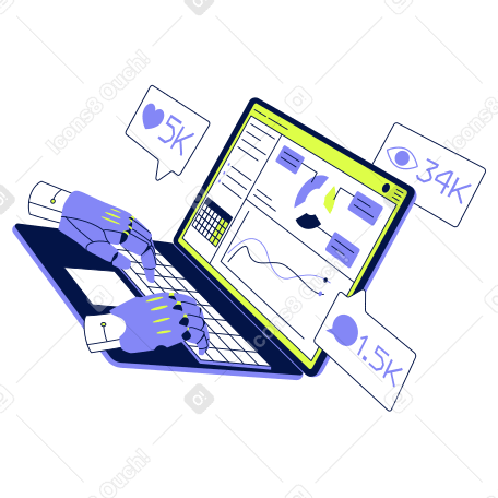 Robo-hände, laptop und digitales marketing animierte Grafik in GIF, Lottie (JSON), AE