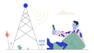 Man sitting with a phone and looking at a 5G tower PNG, SVG