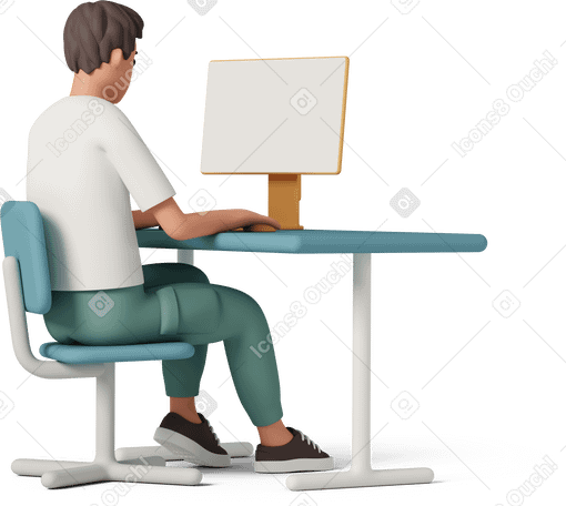 3D three-quarter back view of man working on computer Illustration in PNG, SVG