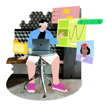 Человек в очках виртуальной реальности, взаимодействующий с виртуальным интерфейсом в PNG, SVG
